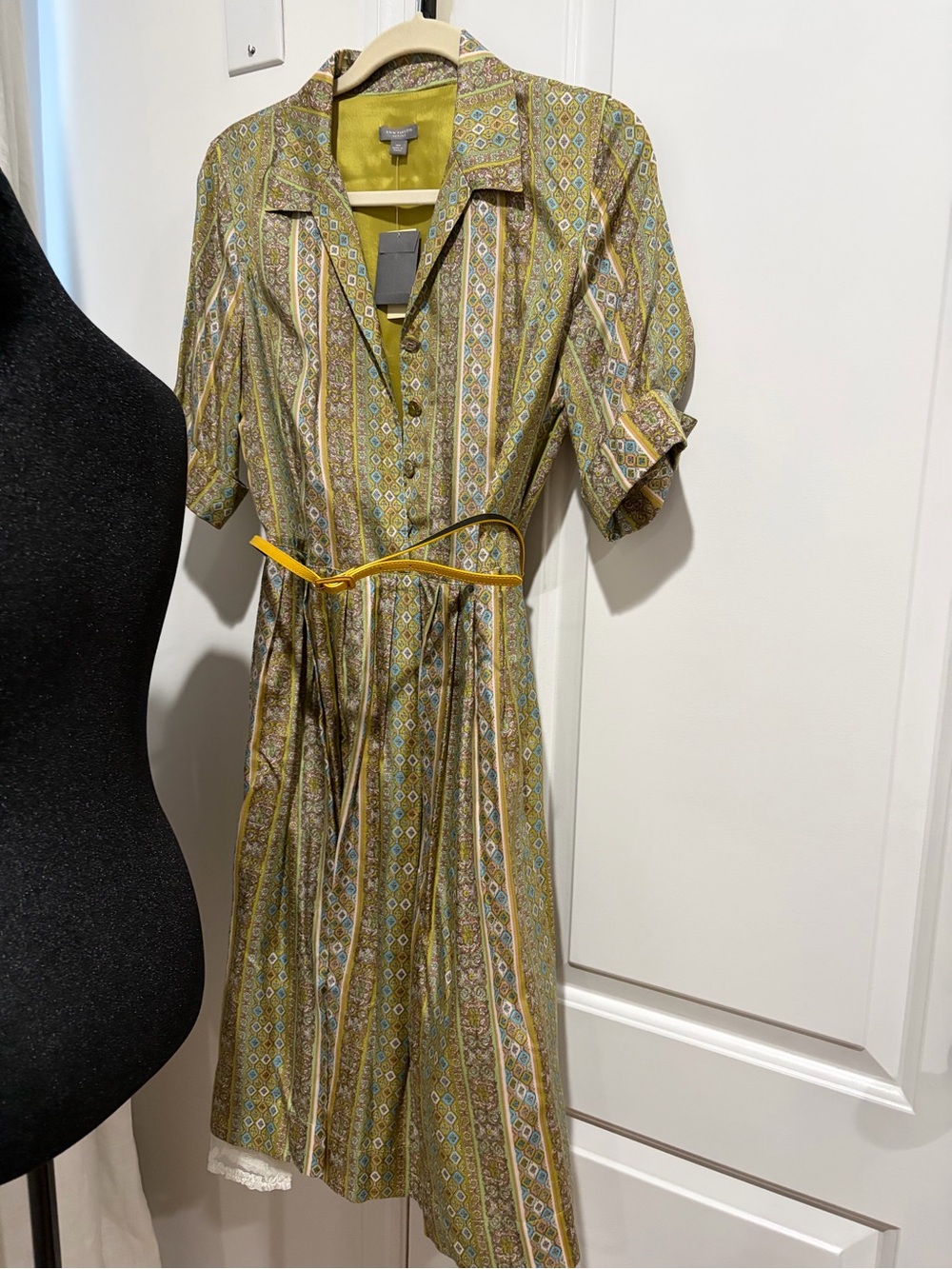 Ann Taylor Olive Green Patterned Midi Shirt Dress with Yellow Belt